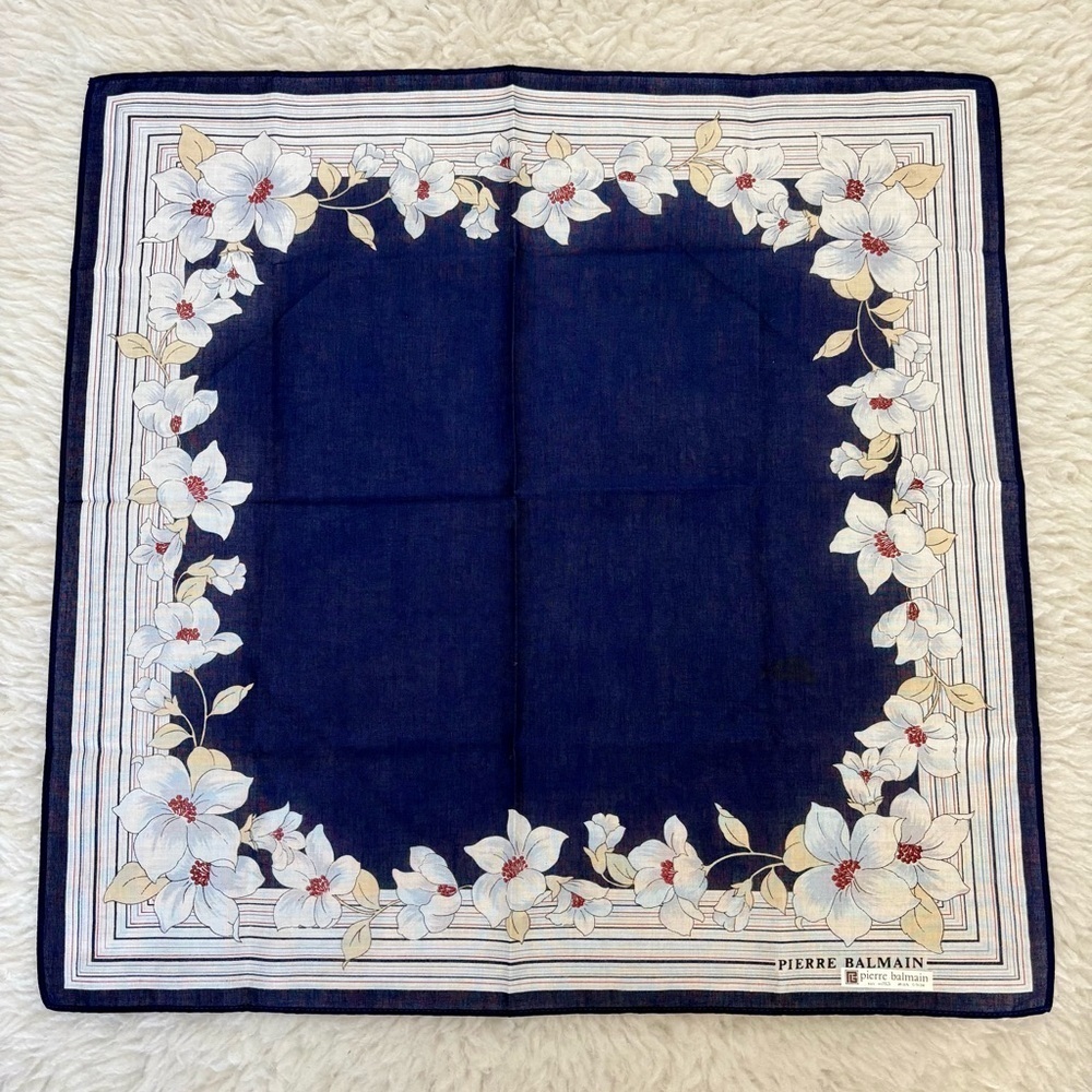 Pierre Balmain Navy/White/Cream Floral Handkerchief/Bandana Scarf size 17” - Picture 2 of 10